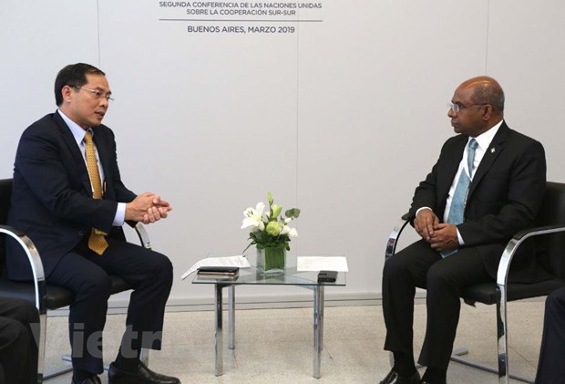 Thứ trưởng thường trực Bùi Thanh Sơn trong cuộc gặp Bộ trưởng Ngoại giao Maldives. (Ảnh: Phương Lan/Vietnam+)