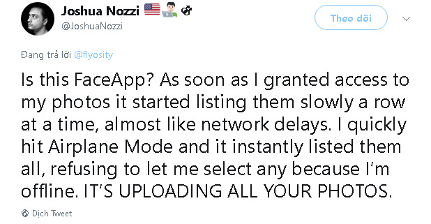 Thông tin cảnh báo về ứng dụng FaceApp của Joshua Nozzi.