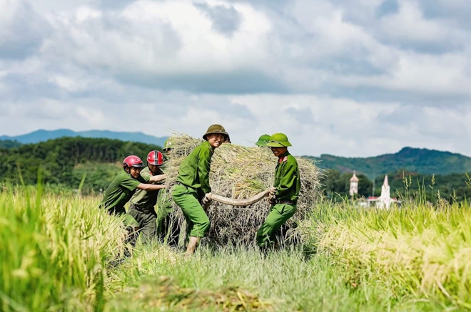 Công an huyện Hương Sơn giúp dân gặt lúa "chạy" siêu bão Mangkhut