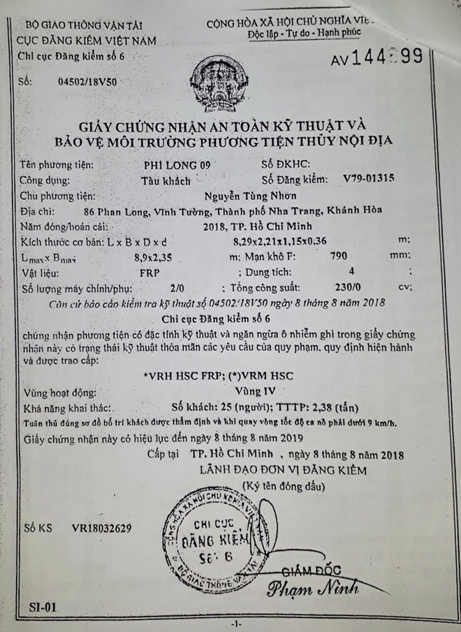 Giấy chứng nhận an toàn kỹ thuật tàu Phi Long 09