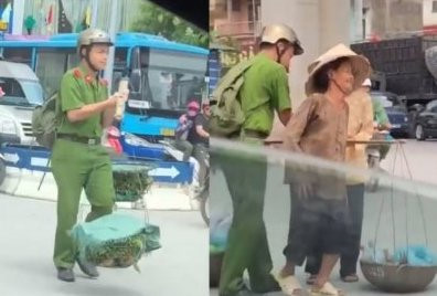 Nam sinh Cảnh sát giữa trưa nắng giúp 2 bà cụ gánh rau qua đường1