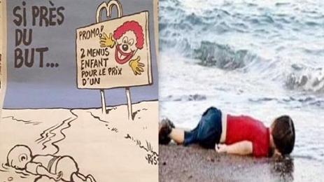 Tạp chí Charlie Hebdo tố cáo châu Âu làm em bé Syria di cư chết đuối