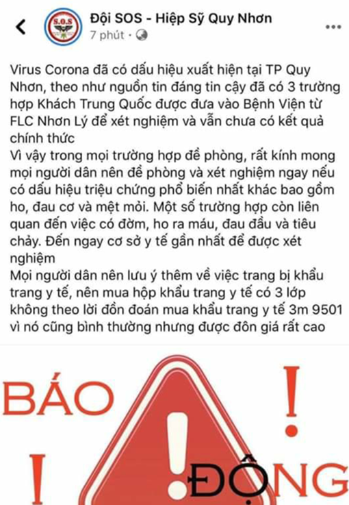 Tung tin sai về virus Corona tại Facebook Đội SOS – Hiệp sĩ Quy Nhơn