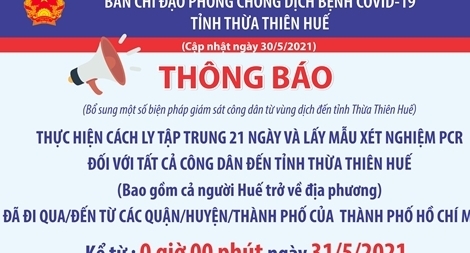 Huế cách ly 21 ngày, xét nghiệm COVID-19 đối với người đến từ TP Hồ Chí Minh