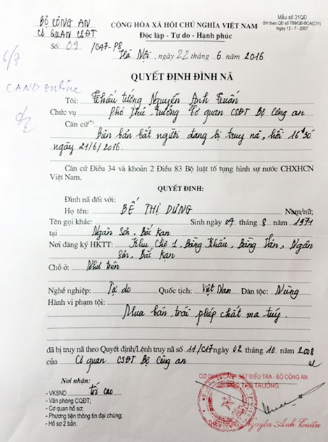 Quyết định đình nã đối với Bế Thị Dưng