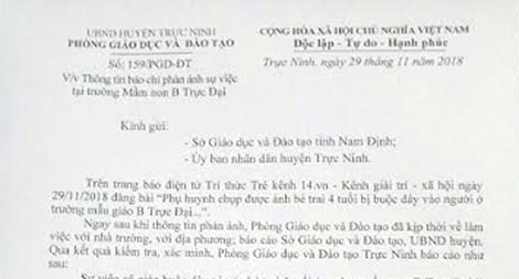 Thông tin chính thức vụ cô giáo dùng dây cột bé trai 4 tuổi vào cửa sổ