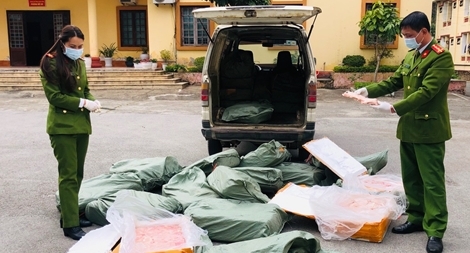 Thu giữ xe ô tô vận chuyển 600kg nầm lợn không rõ nguồn gốc xuất xứ