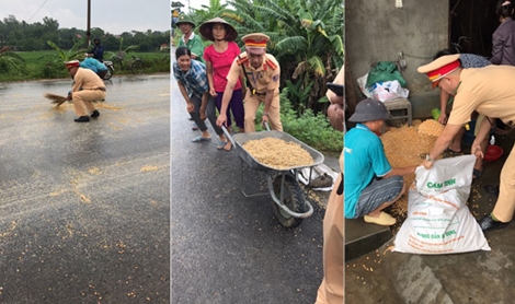 Ngô vãi ngập đường, CSGT giúp tài xế thu gom
