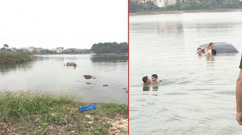 Nhường vô-lăng cho vợ tập lái, xe chở 3 người lao xuống hồ