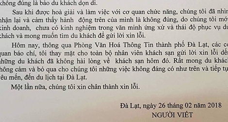 Khách sạn ở Đà Lạt đuổi du khách lúc nửa đêm viết thư xin lỗi