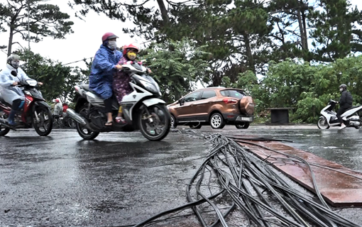 Xe khách vướng “thòng lọng” cáp viễn thông, 3 trụ điện bị đổ