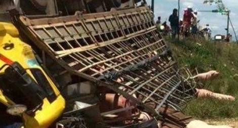 Xe tải chở lợn cuốn xe máy vào gầm rồi "ngửa bụng" dưới ruộng