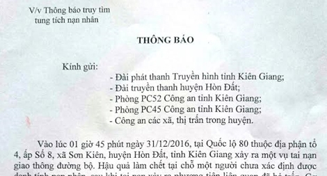 Tìm tung tích nạn nhân nam giới bị tai nạn giao thông