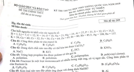 Đề thi môn Hóa thi tốt nghiệp THPT quốc gia 2018