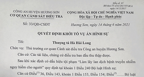 Khởi tố vụ án làm lây nhiễm dịch bệnh ở Hà Tĩnh