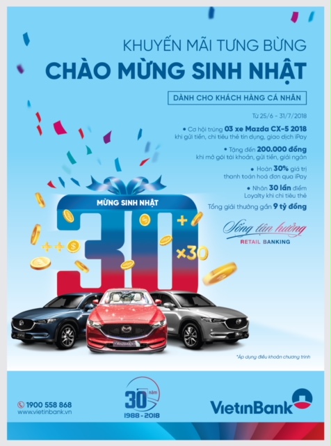 Cơ hội trúng 3 xe ô tô Mazda CX5 khi giao dịch với VietinBank