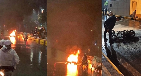 Ôtô bỏ chạy sau va chạm khiến xe máy bốc cháy