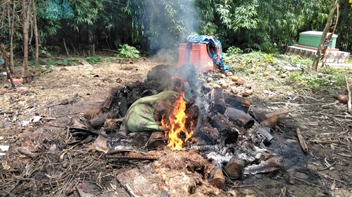 Đốt heo chết tại bãi rác cạnh cổng Đình Thần Cửu Viễn gây ô nhiễm