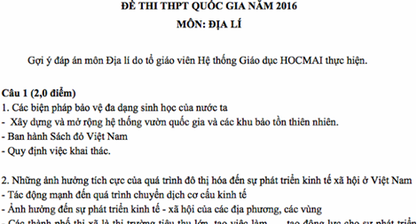 Gợi ý đáp án môn Địa lý thi THPT quốc gia 2016
