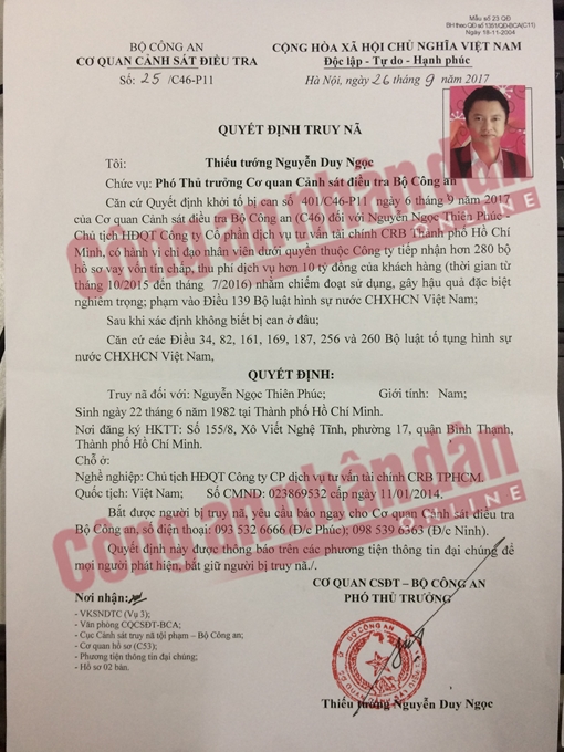 Truy nã Chủ tịch HĐQT lừa đảo thu phí hơn 280 bộ hồ sơ vay vốn