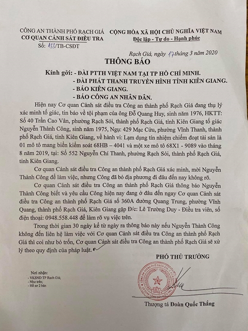 Thông báo truy tìm người bị tố cáo lừa đảo chiếm đoạt tài sản