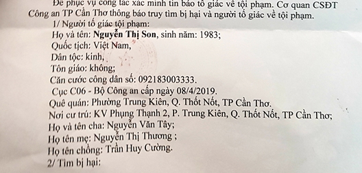 Truy tìm người liên quan tin tố giác tội phạm “Mua bán người dưới 16 tuổi”