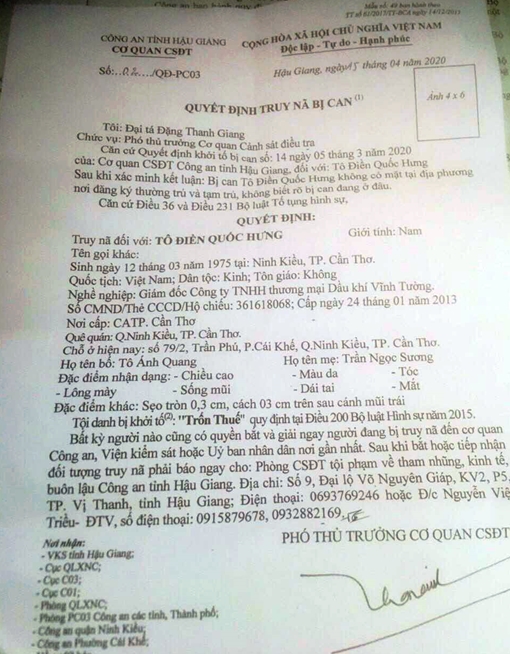 Truy nã bị can Tô Điền Quốc Hưng tội trốn thuế