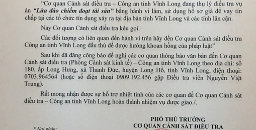 Công an Vĩnh Long kêu gọi các đối tượng làm giả hồ sơ vay tín dụng ra đầu thú