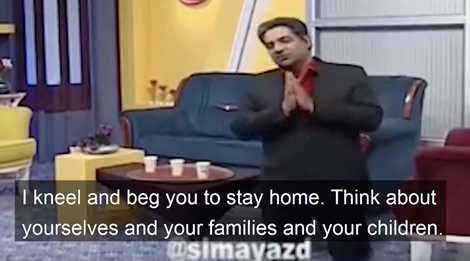 MC đài nhà nước Iran quỳ gối xin người dân ở yên trong nhà